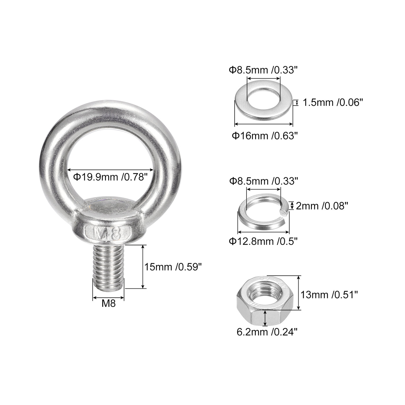 uxcell Uxcell Lifting Eye Bolt, 2 Sets M8x15mm Eye Bolt with Nut Washer 304 Stainless Steel