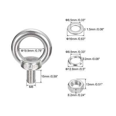 Harfington Uxcell Lifting Eye Bolt, 2 Sets M8x15mm Eye Bolt with Nut Washer 304 Stainless Steel