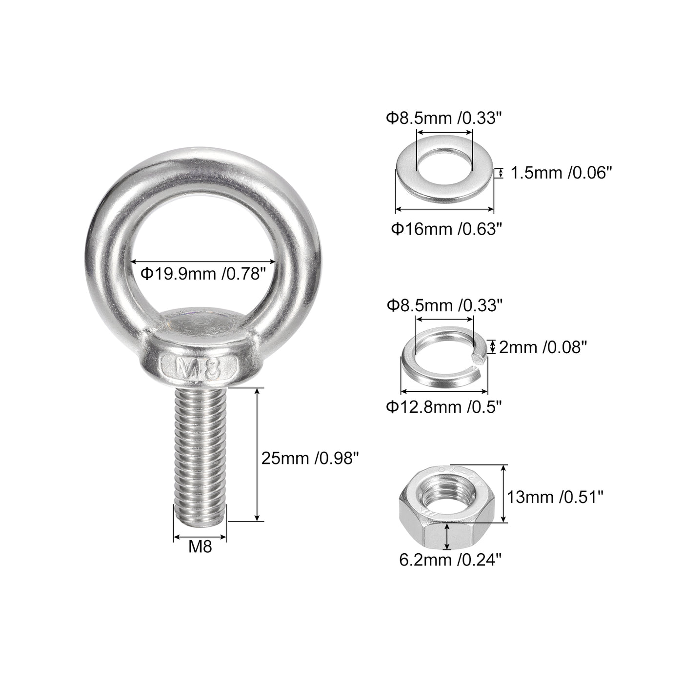 uxcell Uxcell Lifting Eye Bolt, 1 Set M8x25mm Eye Bolt with Nut Washer 304 Stainless Steel
