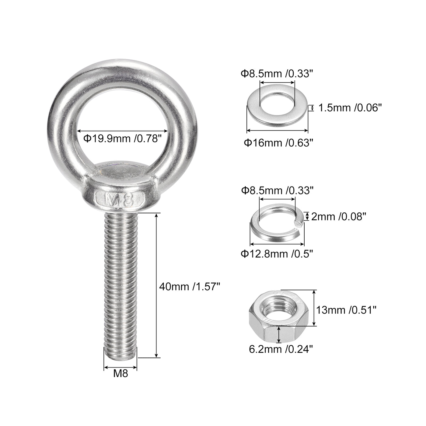 uxcell Uxcell Lifting Eye Bolt, 1 Set M8x40mm Eye Bolt with Nut Washer 304 Stainless Steel