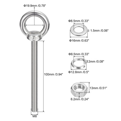 Harfington Uxcell Lifting Eye Bolt, 1 Set M8x100mm Eye Bolt with Nut Washer 304 Stainless Steel