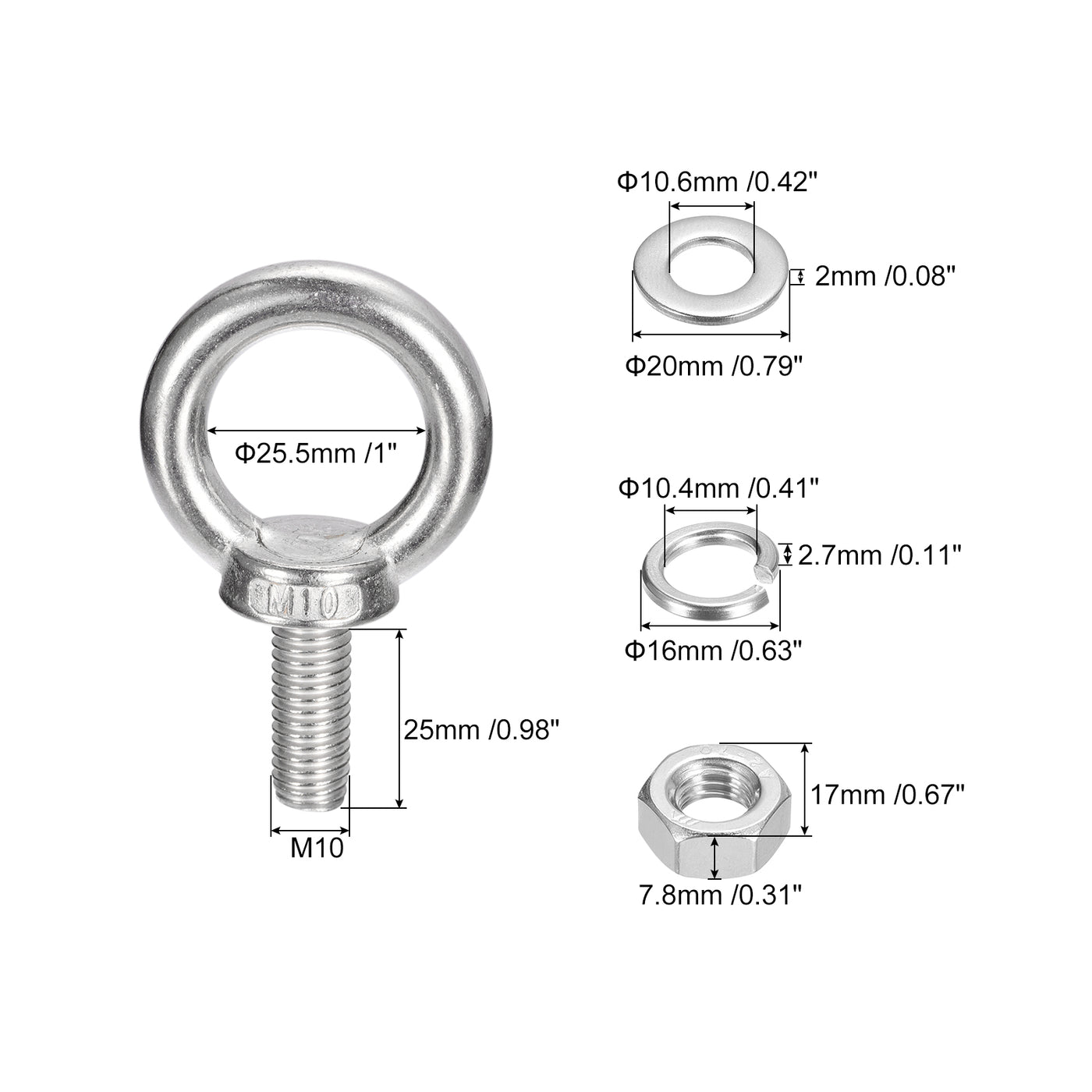 uxcell Uxcell Lifting Eye Bolt, 1 Set M10x25mm Eye Bolt with Nut Washer 304 Stainless Steel