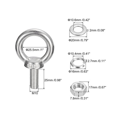 Harfington Uxcell Lifting Eye Bolt, 1 Set M10x25mm Eye Bolt with Nut Washer 304 Stainless Steel