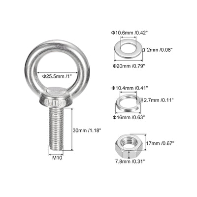 Harfington Uxcell Lifting Eye Bolt, 1 Set M10x30mm Eye Bolt with Nut Washer 304 Stainless Steel