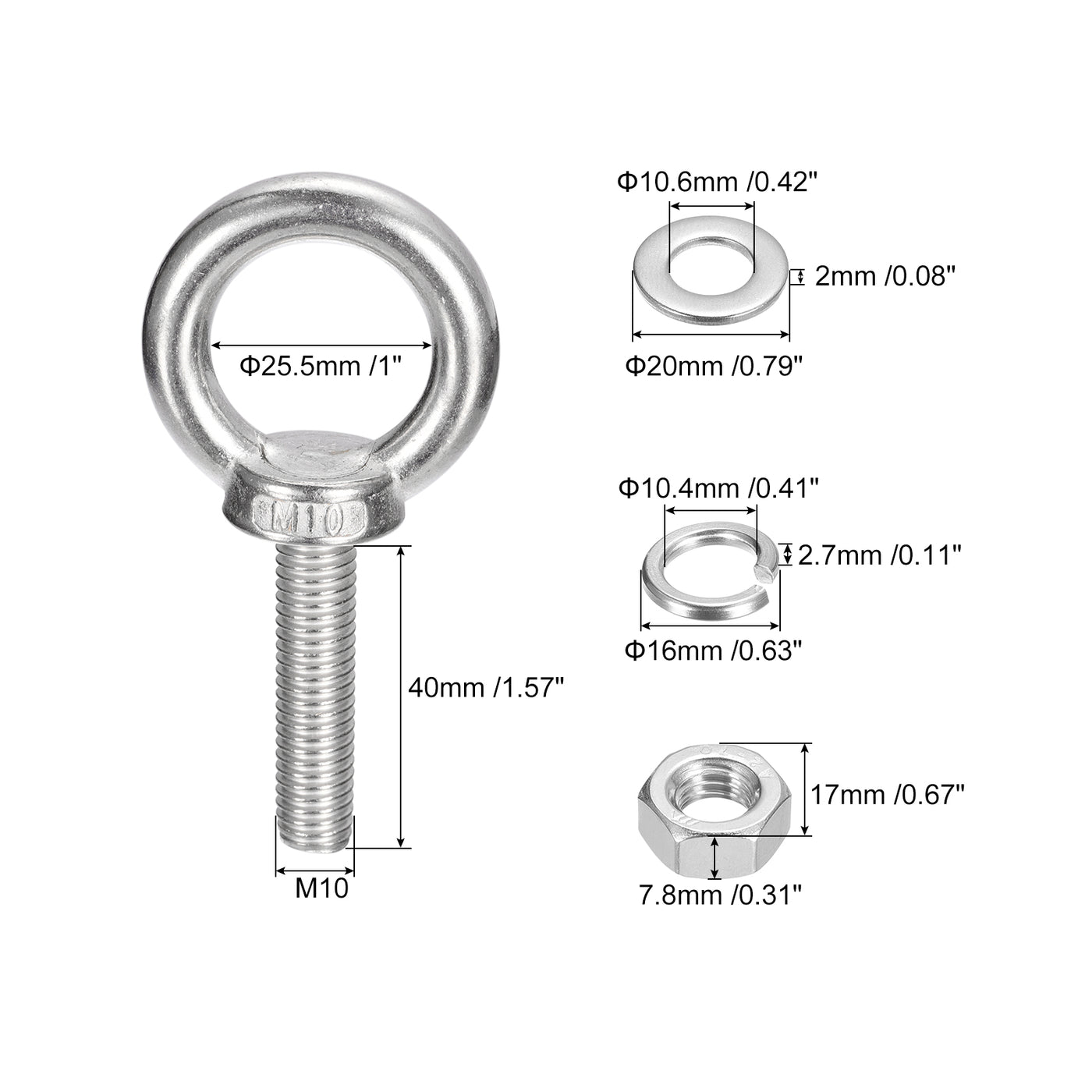 uxcell Uxcell Lifting Eye Bolt, 1 Set M10x40mm Eye Bolt with Nut Washer 304 Stainless Steel