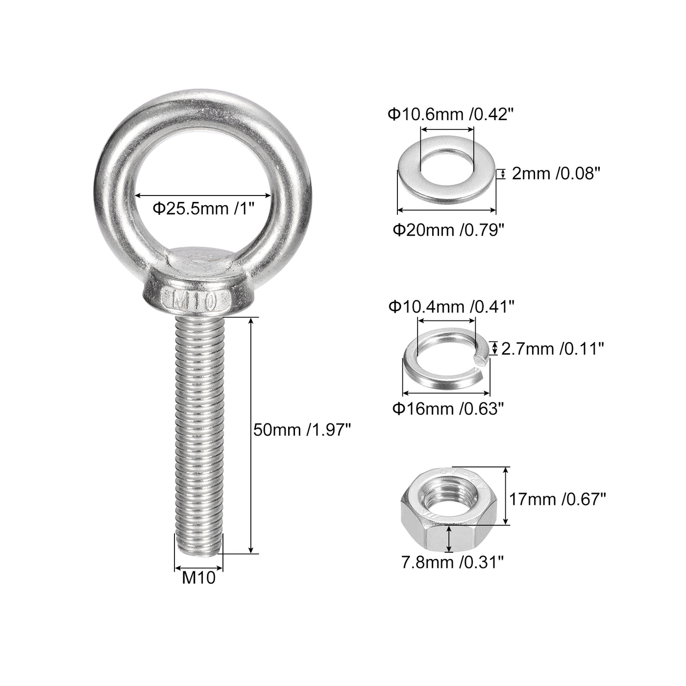 uxcell Uxcell Lifting Eye Bolt, 1 Set M10x50mm Eye Bolt with Nut Washer 304 Stainless Steel