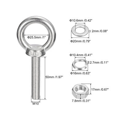 Harfington Uxcell Lifting Eye Bolt, 1 Set M10x50mm Eye Bolt with Nut Washer 304 Stainless Steel