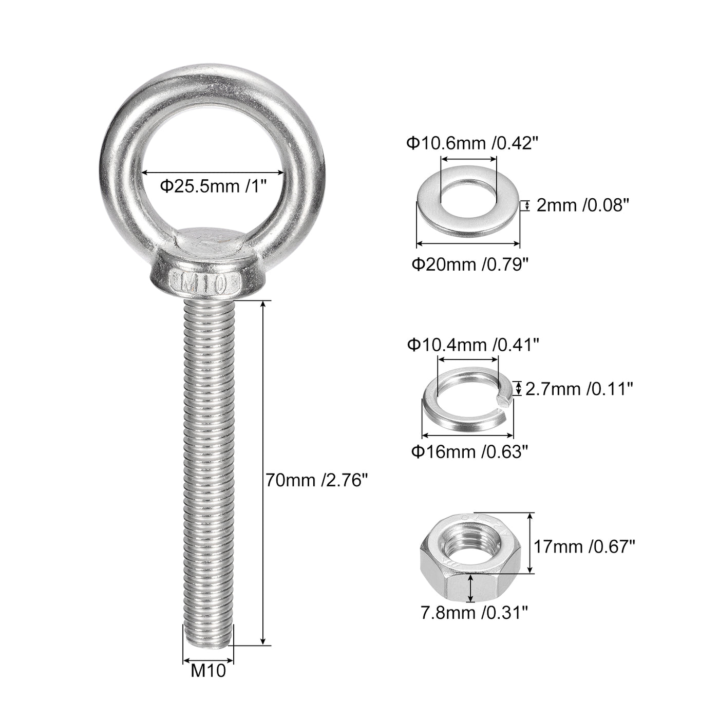 uxcell Uxcell Lifting Eye Bolt, 2 Sets M10x70mm Eye Bolt with Nut Washer 304 Stainless Steel