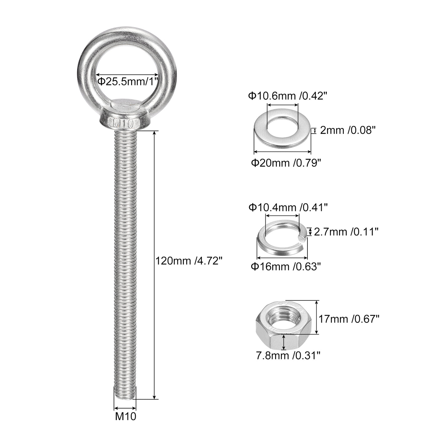 uxcell Uxcell Lifting Eye Bolt, 1 Set M10x120mm Eye Bolt with Nut Washer 304 Stainless Steel