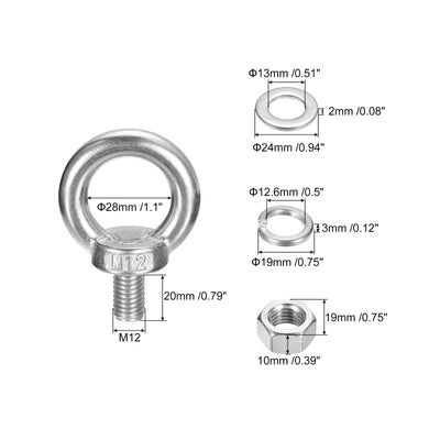 Harfington Uxcell Lifting Eye Bolt, 1 Set M12x20mm Eye Bolt with Nut Washer 304 Stainless Steel