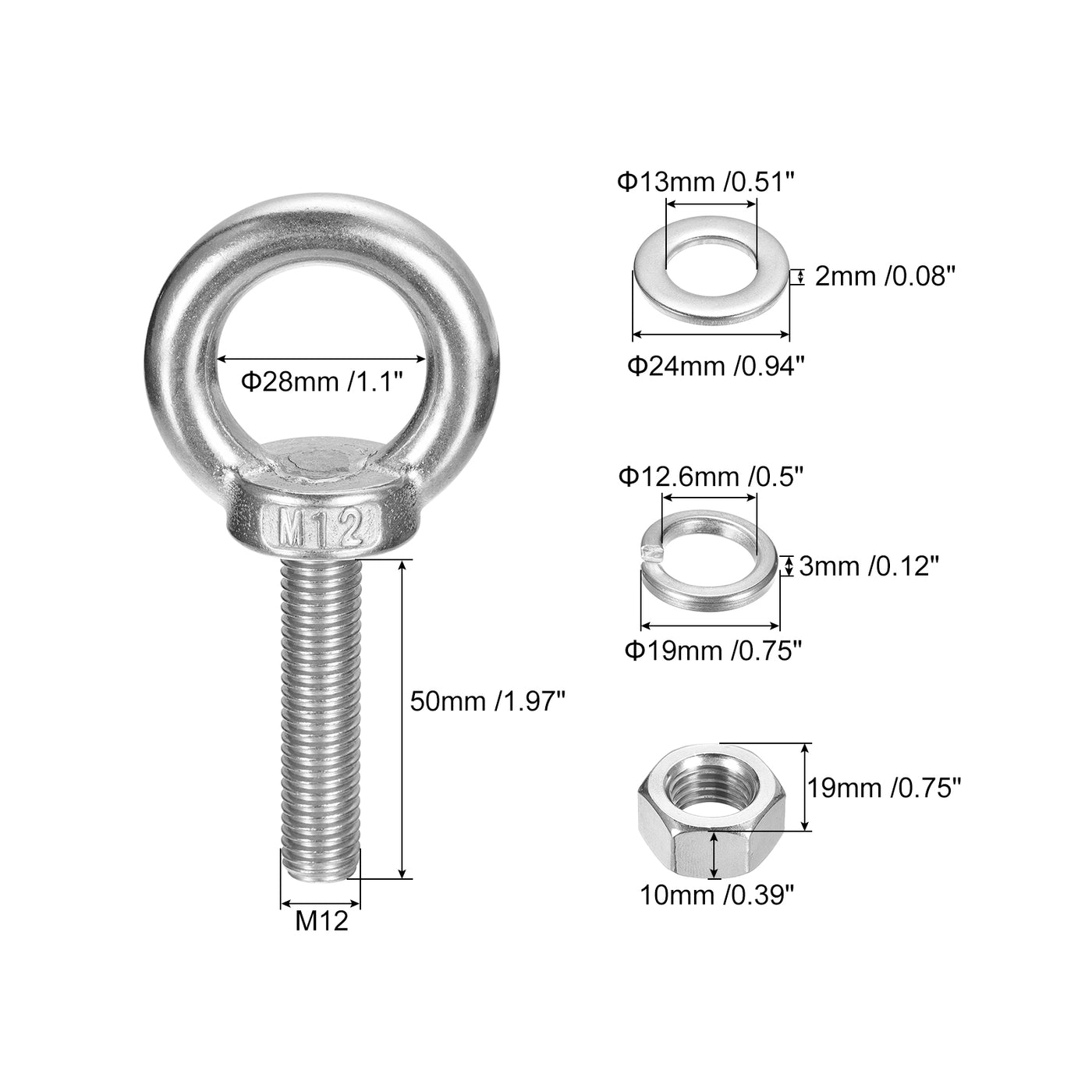 uxcell Uxcell Lifting Eye Bolt, 1 Set M12x50mm Eye Bolt with Nut Washer 304 Stainless Steel