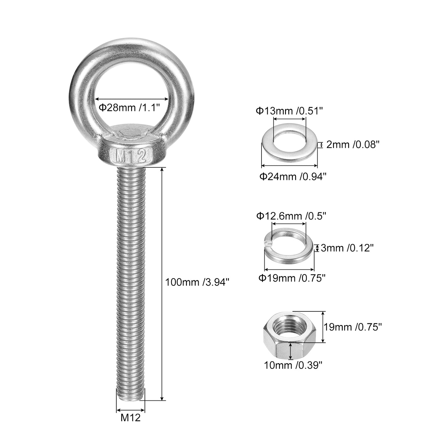 uxcell Uxcell Lifting Eye Bolt, 1 Set M12x100mm Eye Bolt with Nut Washer 304 Stainless Steel