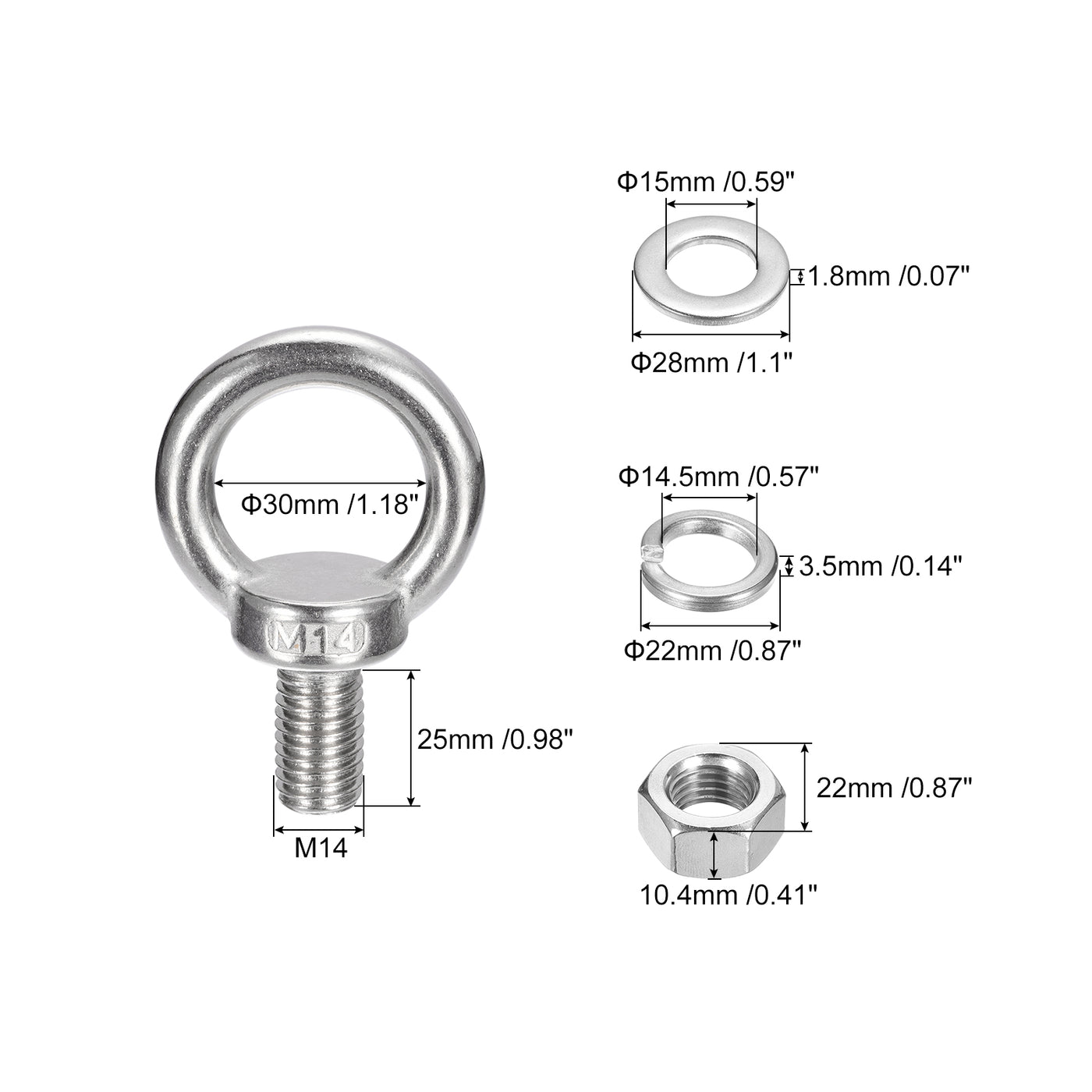 uxcell Uxcell Lifting Eye Bolt, 1 Set M14x25mm Eye Bolt with Nut Washer 304 Stainless Steel