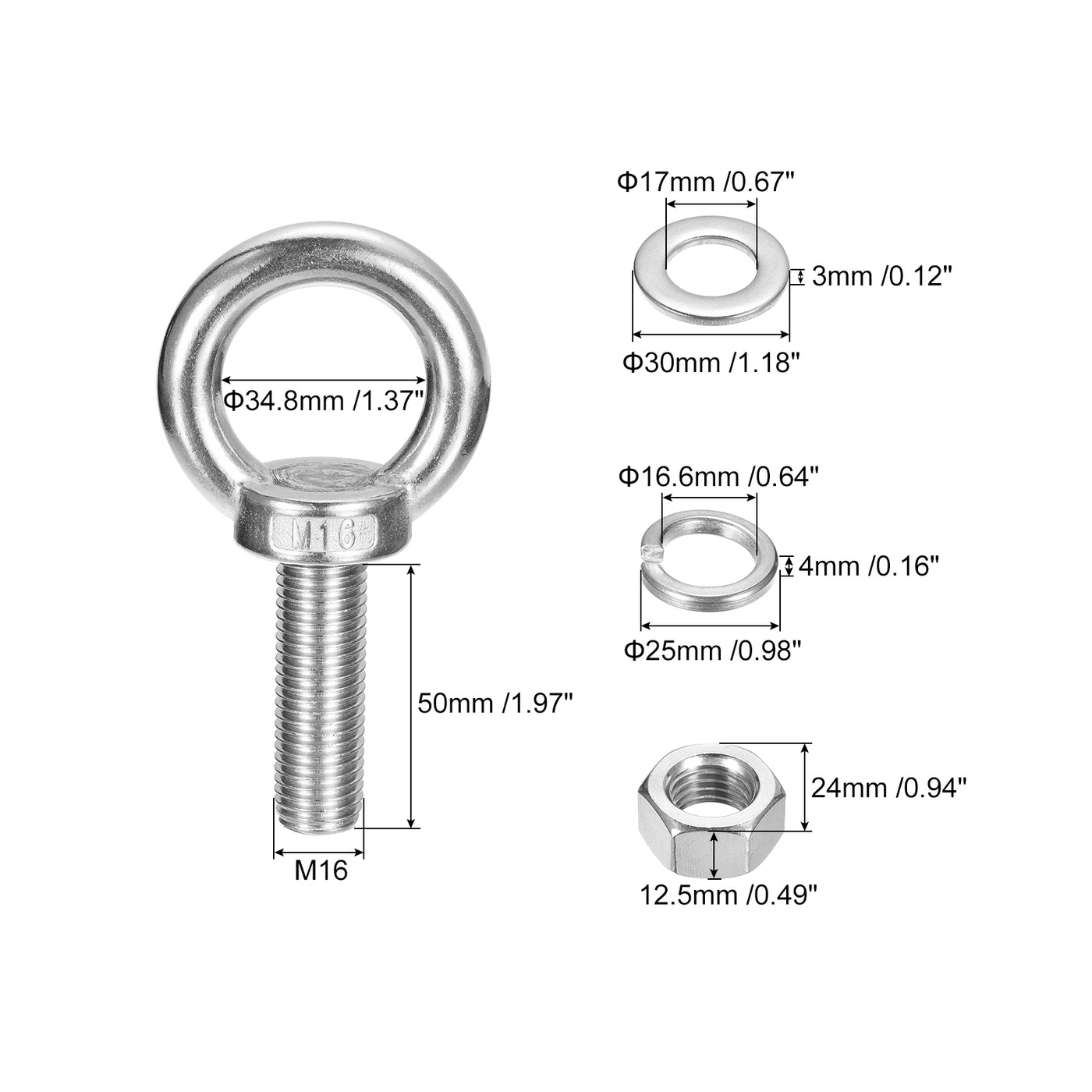 uxcell Uxcell Lifting Eye Bolt, 1 Set M16x50mm Eye Bolt with Nut Washer 304 Stainless Steel