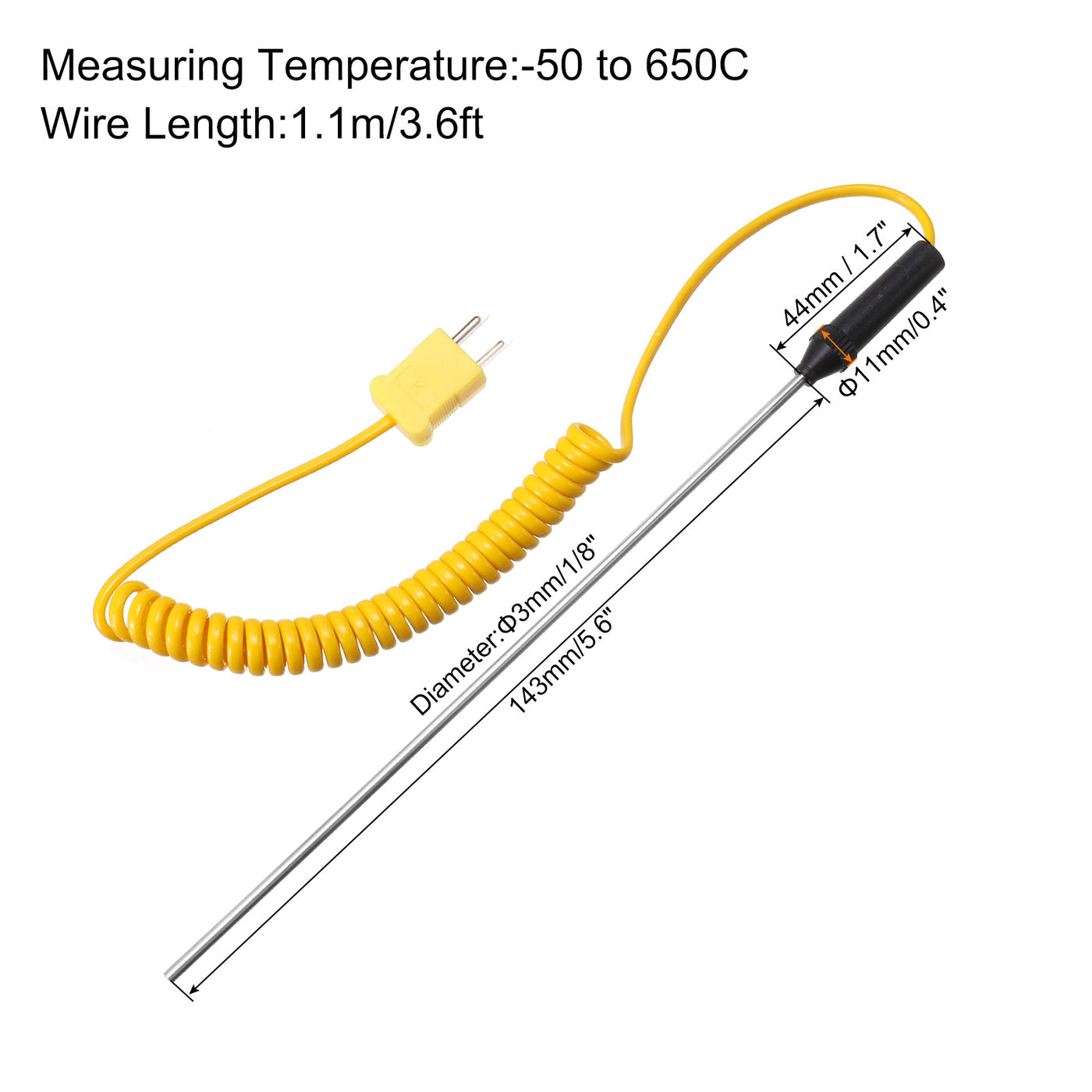 Harfington Surface Thermocouple 5.6" Probe K Type Yellow Coiled Wire -50 to 650C for Temperature Senor Measurement