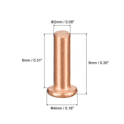 Harfington Uxcell 200Pcs 2mm Dia x 8mm L Shank Flat Head Copper Solid Rivets Fastener Copper Tone