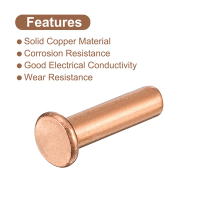 Harfington Uxcell 200Pcs 2mm Dia x 8mm L Shank Flat Head Copper Solid Rivets Fastener Copper Tone