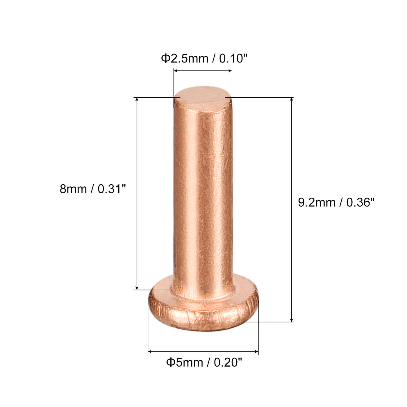 uxcell Uxcell 200Pcs 2.5mm Dia x 8mm L Shank Flat Head Copper Solid Rivet Fastener Copper Tone