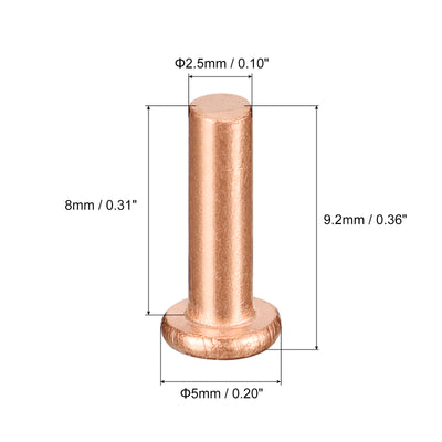 Harfington Uxcell 200Pcs 2.5mm Dia x 8mm L Shank Flat Head Copper Solid Rivet Fastener Copper Tone