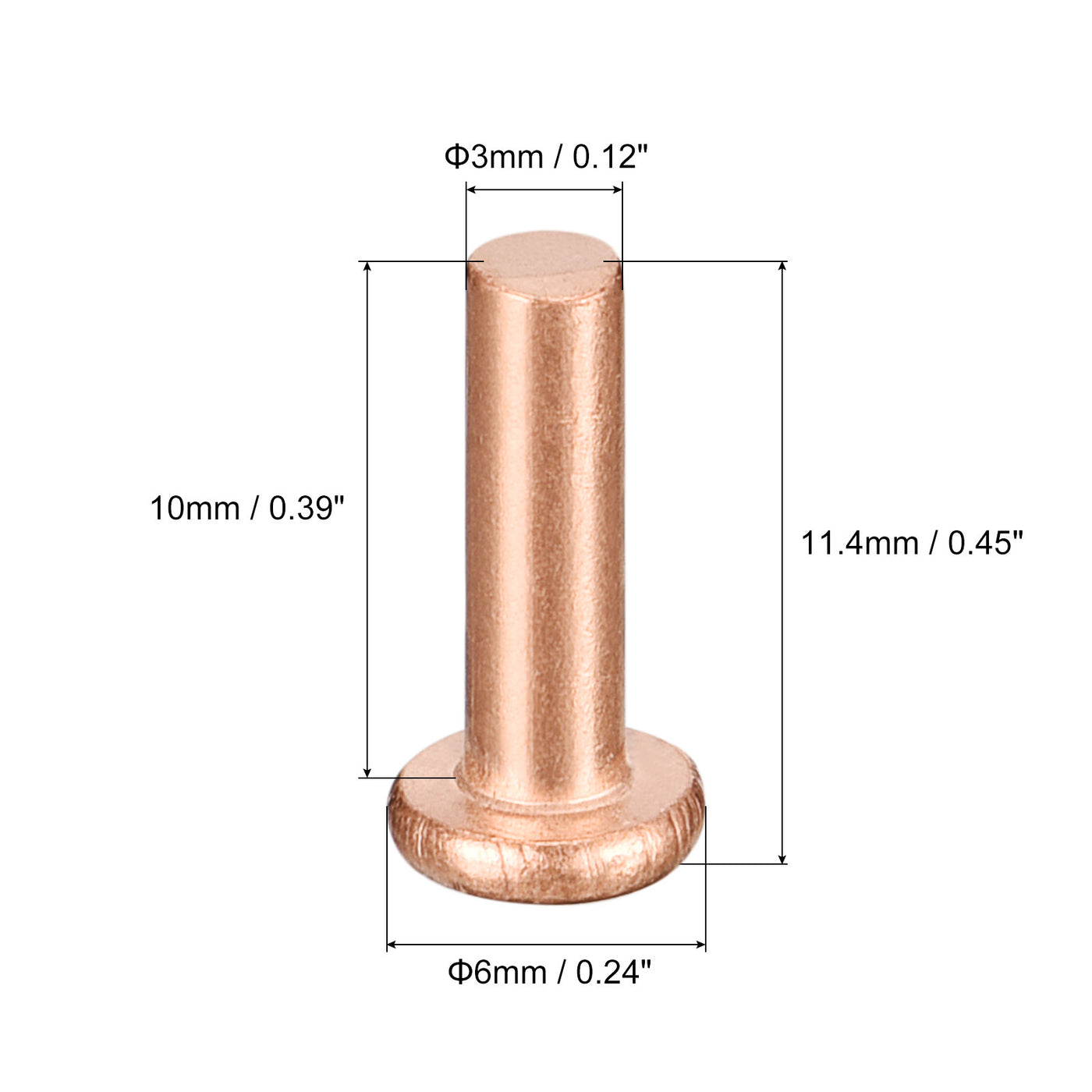 uxcell Uxcell 200Pcs 3mm Dia x 10mm L Shank Flat Head Copper Solid Rivets Fastener Copper Tone