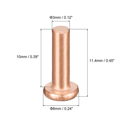 Harfington Uxcell 200Pcs 3mm Dia x 10mm L Shank Flat Head Copper Solid Rivets Fastener Copper Tone
