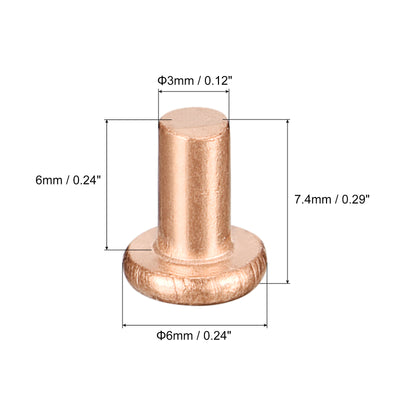 Harfington Uxcell 200Pcs 3mm Dia x 6mm L Shank Flat Head Copper Solid Rivets Fastener Copper Tone