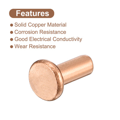 Harfington Uxcell 200Pcs 3mm Dia x 6mm L Shank Flat Head Copper Solid Rivets Fastener Copper Tone