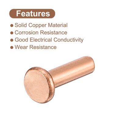 Harfington Uxcell 100Pcs 3mm Dia x 10mm L Shank Flat Head Copper Solid Rivets Fastener Copper Tone