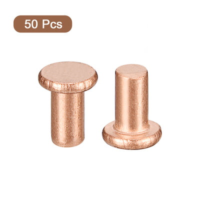 Harfington Uxcell 50Pcs 2mm Dia x 4mm L Shank Flat Head Copper Solid Rivets Fastener Copper Tone
