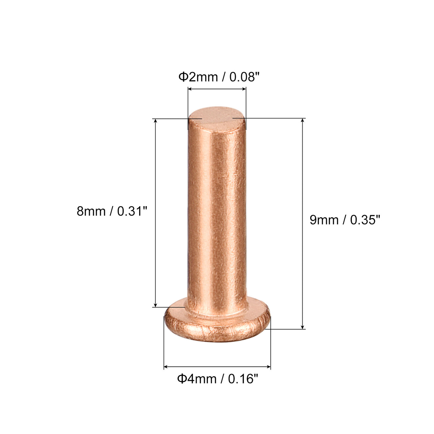 uxcell Uxcell 50Pcs 2mm Dia x 8mm L Shank Flat Head Copper Solid Rivets Fastener Copper Tone