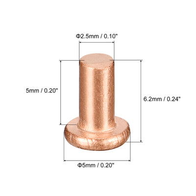 Harfington Uxcell 50Pcs 2.5mm Dia x 5mm L Shank Flat Head Copper Solid Rivets Fastener Copper Tone