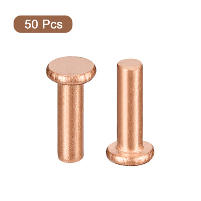 Harfington Uxcell 50Pcs 2.5mm Dia x 8mm L Shank Flat Head Copper Solid Rivets Fastener Copper Tone