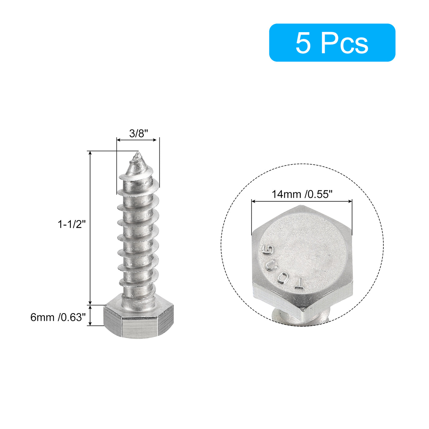 uxcell Uxcell Hex Head Lag Screws Bolts, 5pcs 3/8" x 1-1/2" 304 Stainless Steel Wood Screws
