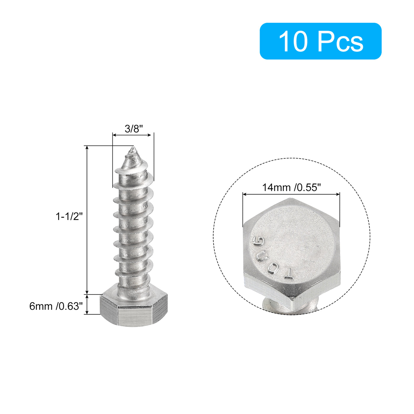 uxcell Uxcell Hex Head Lag Screws Bolts, 10pcs 3/8" x 1-1/2" 304 Stainless Steel Wood Screws
