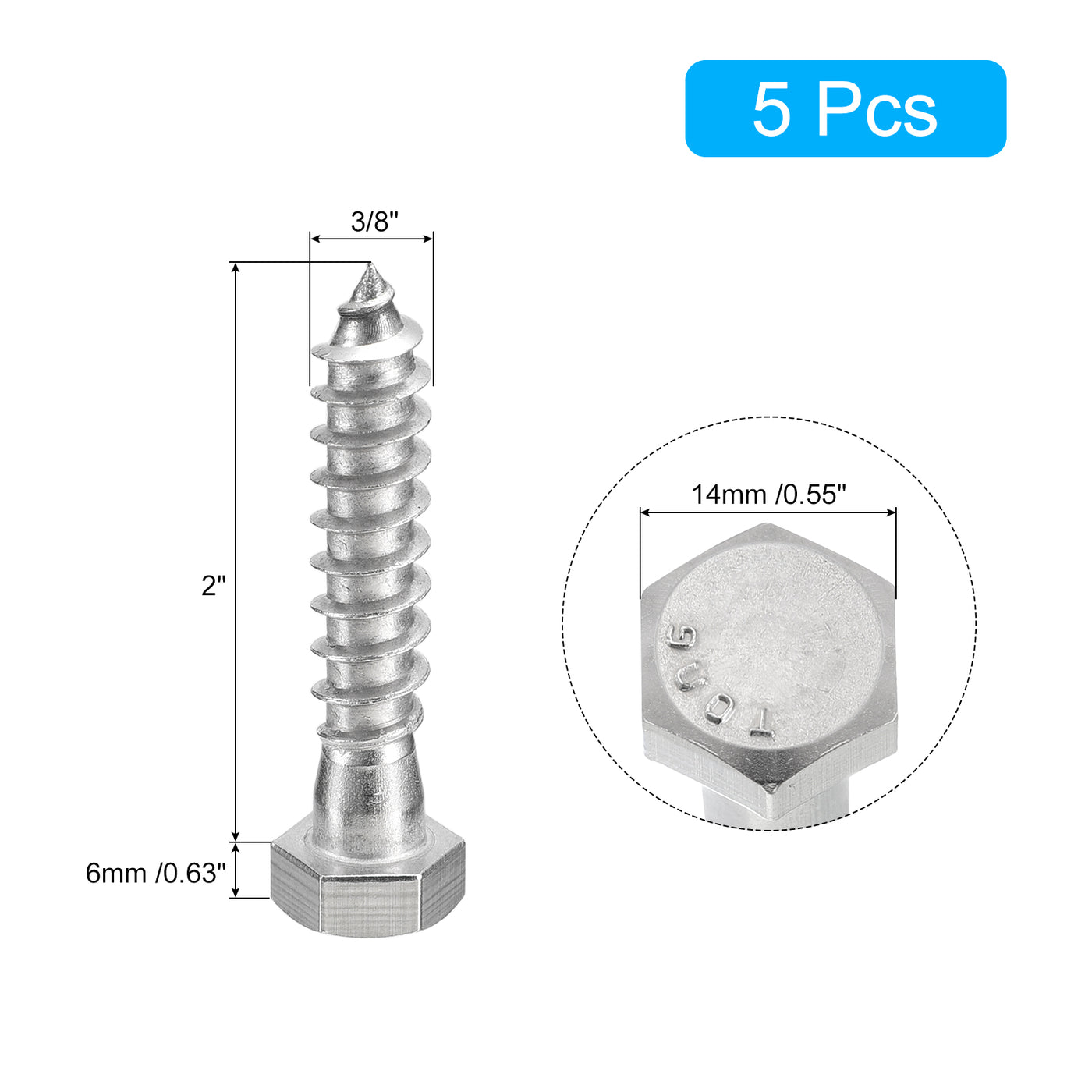 uxcell Uxcell Hex Head Lag Screws Bolts, 5pcs 3/8" x 2" 304 Stainless Steel Wood Screws