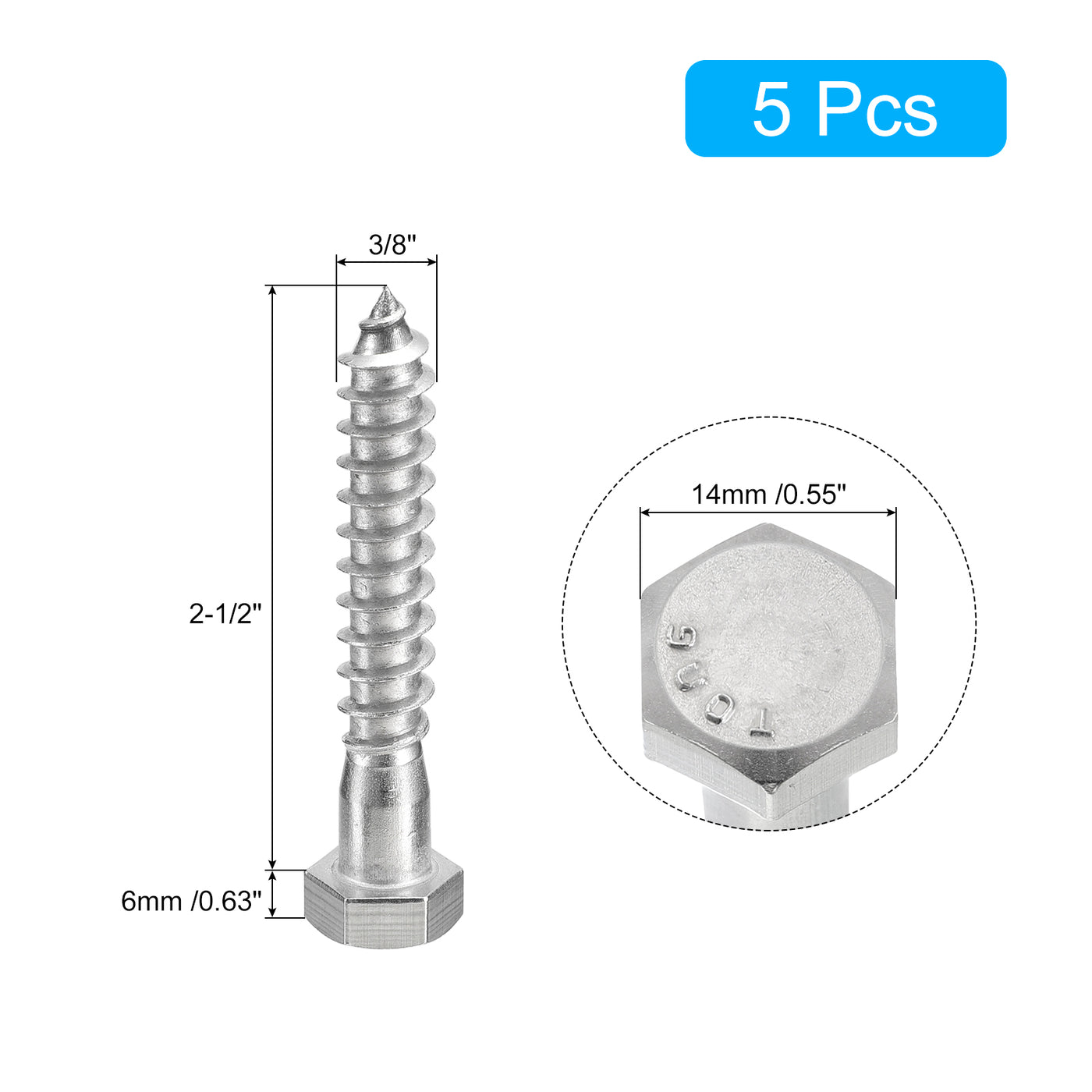 uxcell Uxcell Hex Head Lag Screws Bolts, 5pcs 3/8" x 2-1/2" 304 Stainless Steel Wood Screws