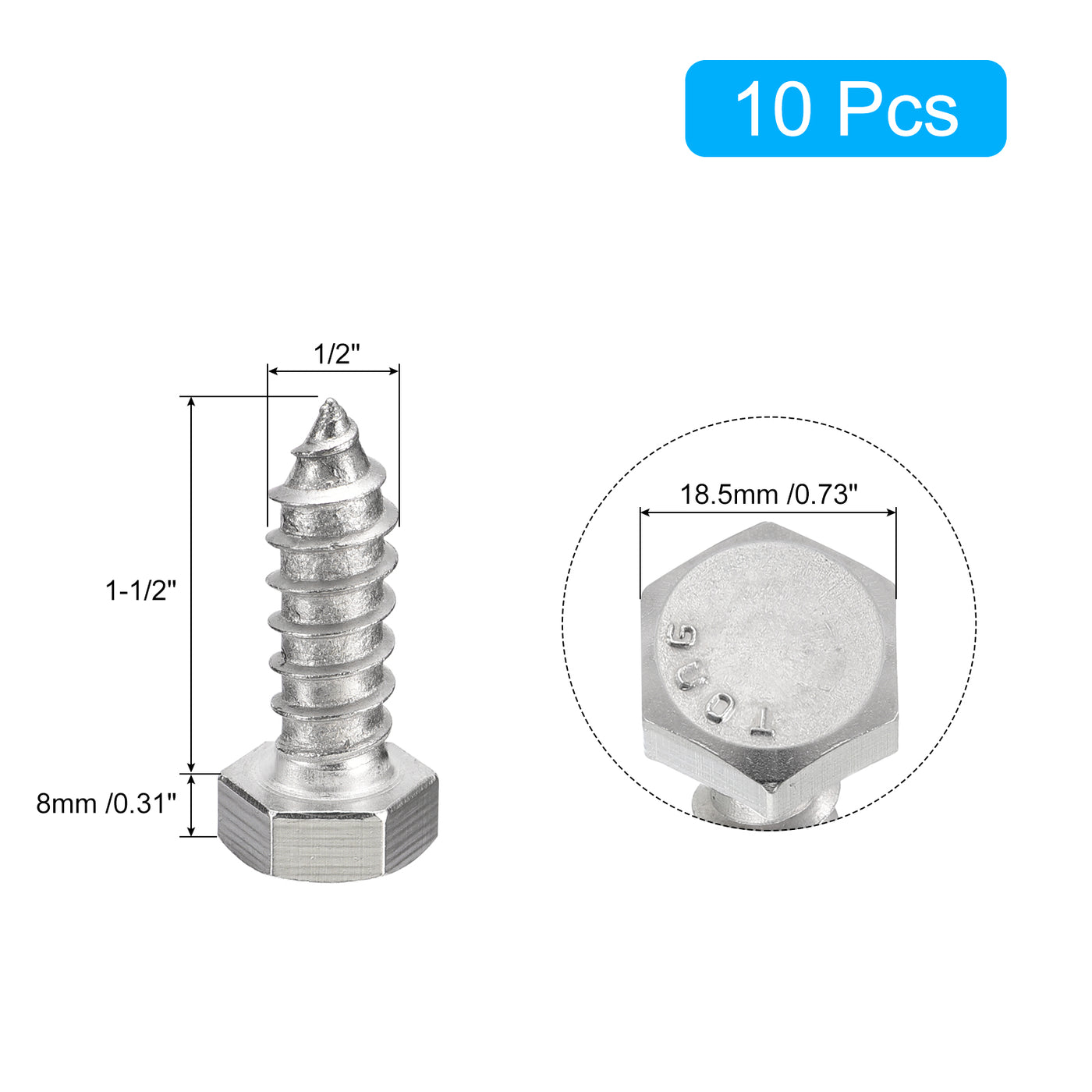 uxcell Uxcell Hex Head Lag Screws Bolts, 10pcs 1/2" x 1-1/2" 304 Stainless Steel Wood Screws