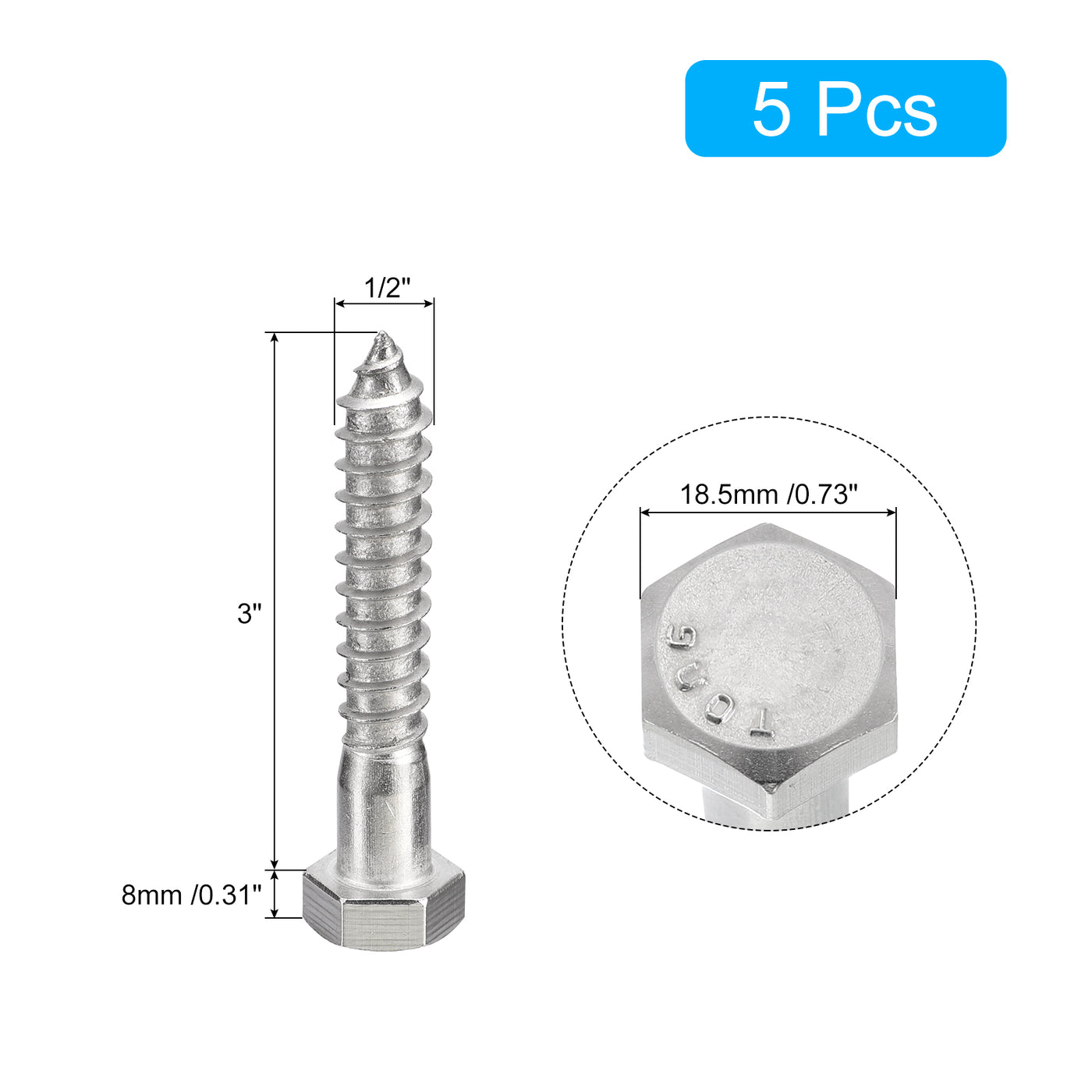 uxcell Uxcell Hex Head Lag Screws Bolts, 5pcs 1/2" x 3" 304 Stainless Steel Wood Screws