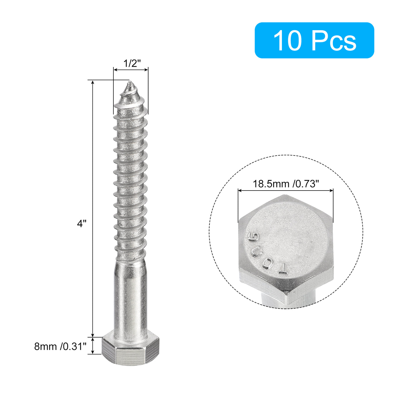 uxcell Uxcell Hex Head Lag Screws Bolts, 10pcs 1/2" x 4" 304 Stainless Steel Wood Screws