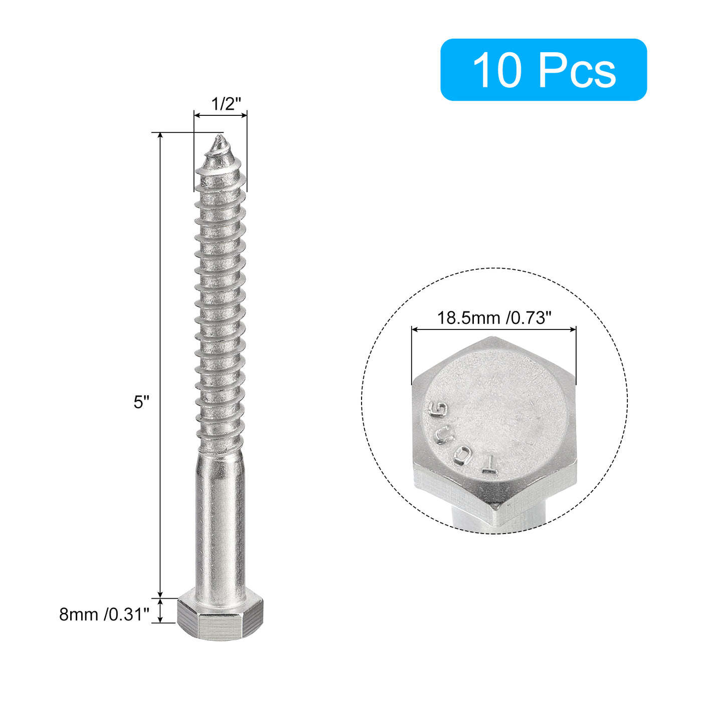 uxcell Uxcell Hex Head Lag Screws Bolts, 10pcs 1/2" x 5" 304 Stainless Steel Wood Screws