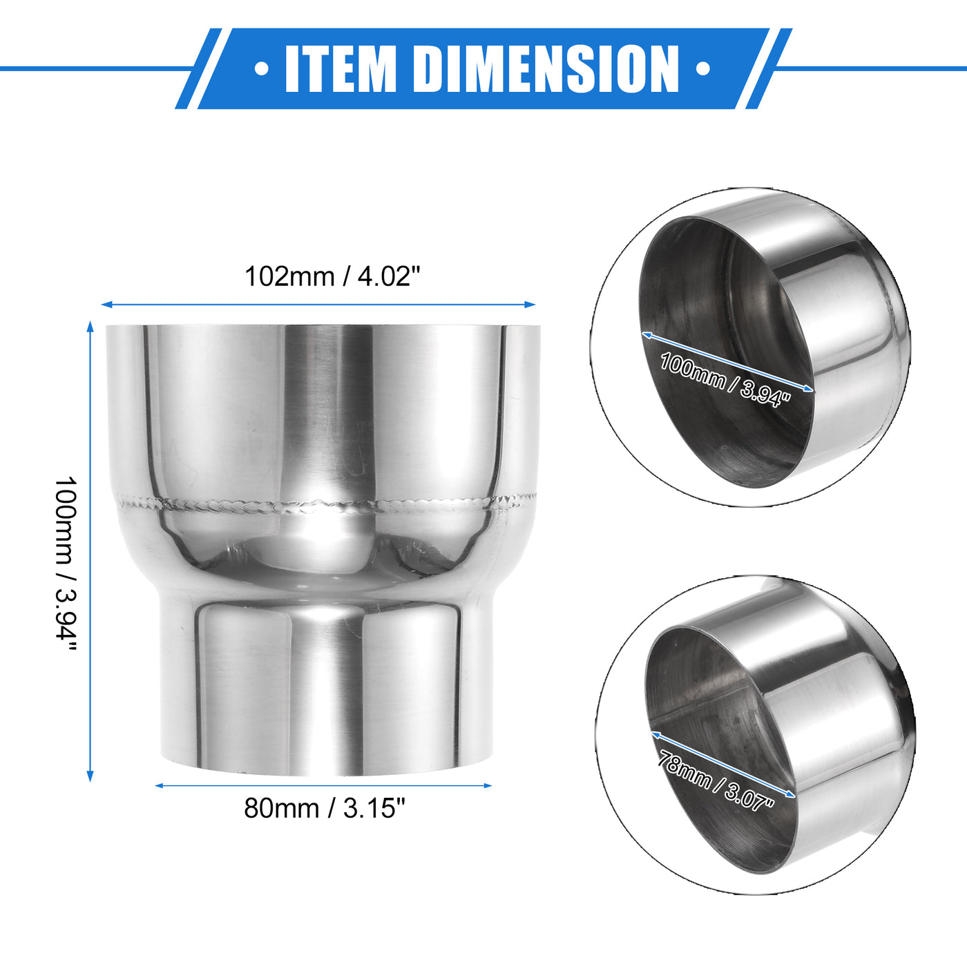 VekAuto Exhaust Pipe Adapter Connector Reducer, 3" ID - 4" OD Exhaust Adapter Universal for Car Truck Pickup Durable Stainless Steel Silver Tone