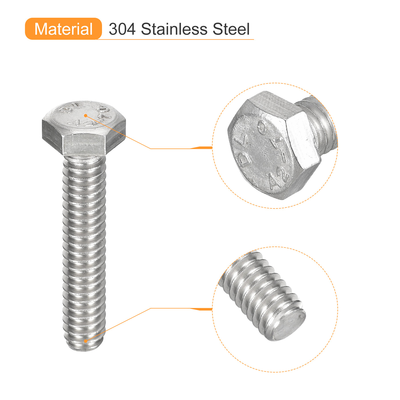 uxcell Uxcell Hex Head Bolts, 304 Stainless Steel Hexagon Bolt Fully Thread Machine Screw