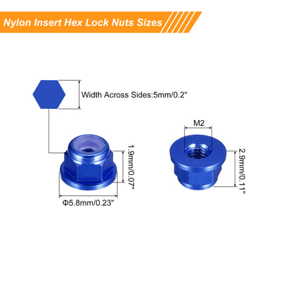 Harfington Uxcell Nylon Insert Hex Lock Nuts, 10pcs - M2 x 0.4mm Aluminum Alloy Self-Locking Nut, Anodizing Flange Lock Nut for Fasteners (Sapphire Blue)