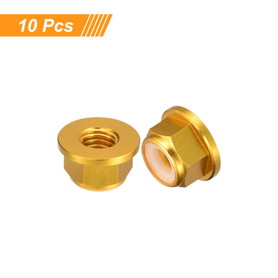 Harfington Uxcell Nylon Insert Hex Lock Nuts, 10pcs - M2 x 0.4mm Aluminum Alloy Self-Locking Nut, Anodizing Flange Lock Nut for Fasteners (Gold)
