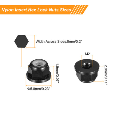 Harfington Uxcell Nylon Insert Hex Lock Nuts, 10pcs - M2 x 0.4mm Aluminum Alloy Self-Locking Nut, Anodizing Flange Lock Nut for Fasteners (Black)