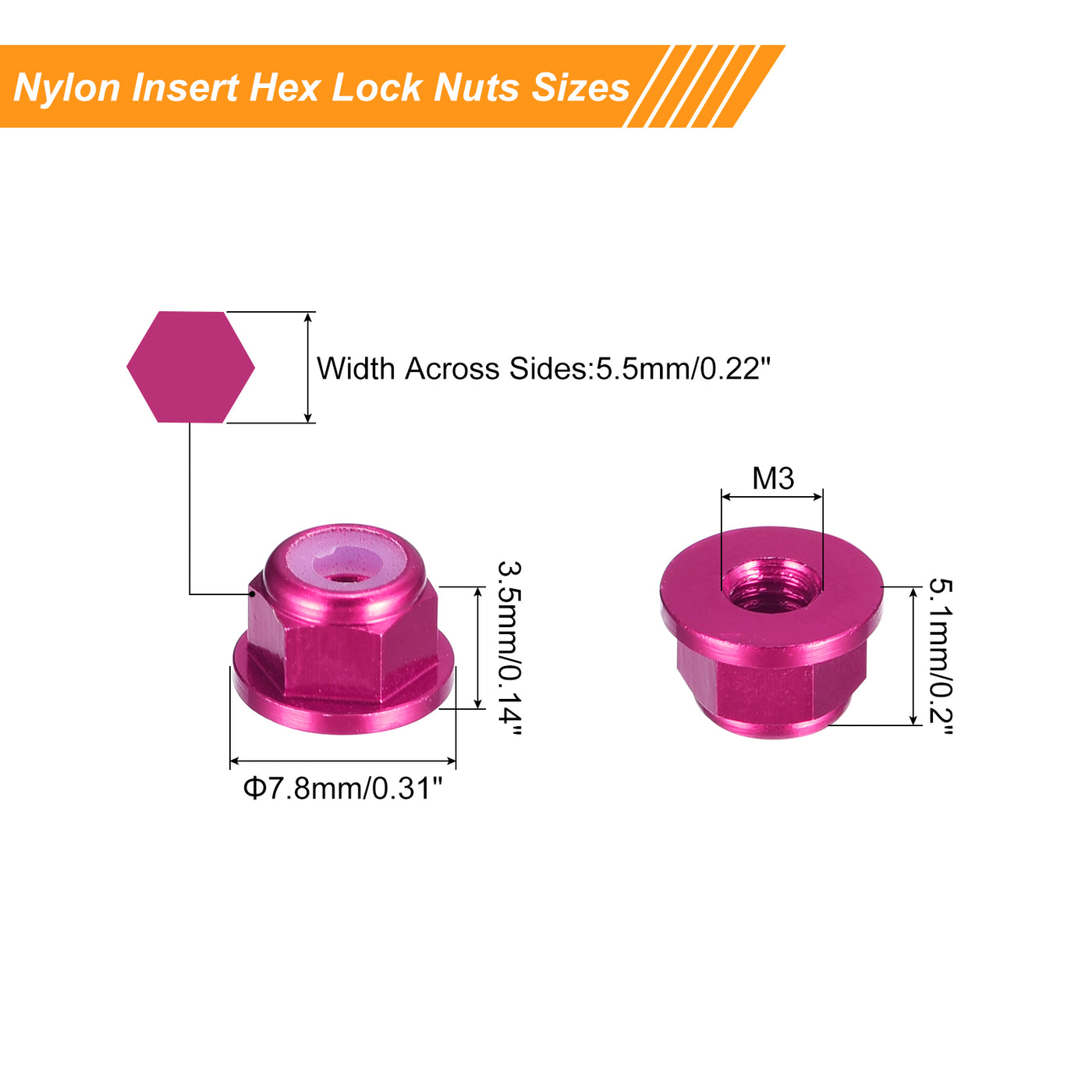 uxcell Uxcell Nylon Insert Hex Lock Nuts, 4pcs - M3 x 0.5mm Aluminum Alloy Self-Locking Nut, Anodizing Flange Lock Nut for Fasteners (Pink)