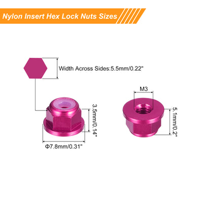 Harfington Uxcell Nylon Insert Hex Lock Nuts, 10pcs - M3 x 0.5mm Aluminum Alloy Self-Locking Nut, Anodizing Flange Lock Nut for Fasteners (Pink)