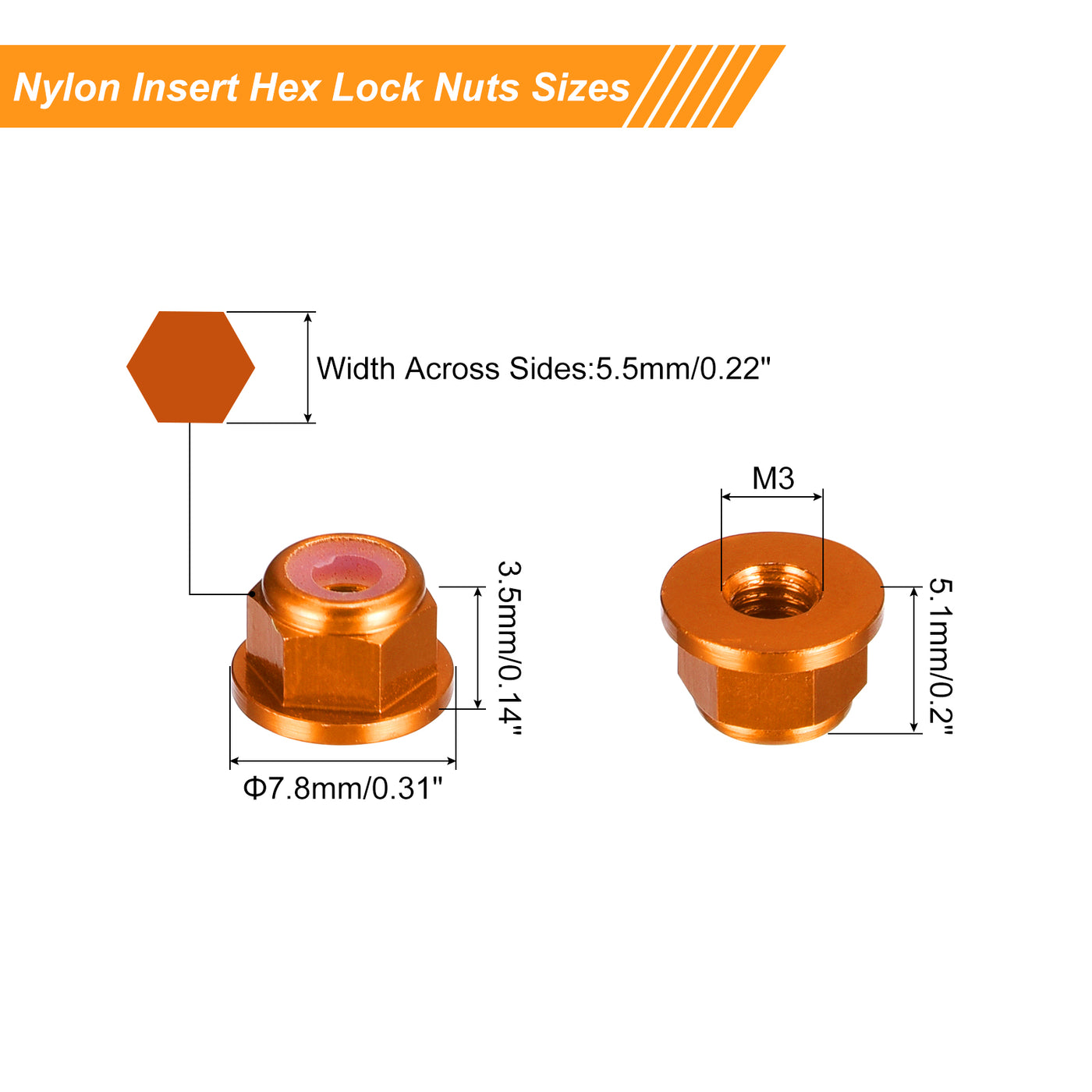 uxcell Uxcell Nylon Insert Hex Lock Nuts, 10pcs - M3 x 0.5mm Aluminum Alloy Self-Locking Nut, Anodizing Flange Lock Nut for Fasteners (Orange)