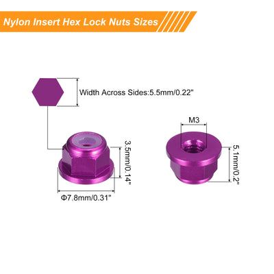 Harfington Uxcell Nylon Insert Hex Lock Nuts, 10pcs - M3 x 0.5mm Aluminum Alloy Self-Locking Nut, Anodizing Flange Lock Nut for Fasteners (Purple)