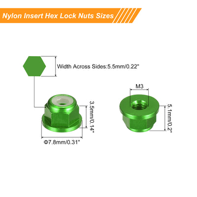 Harfington Uxcell Nylon Insert Hex Lock Nuts, 10pcs - M3 x 0.5mm Aluminum Alloy Self-Locking Nut, Anodizing Flange Lock Nut for Fasteners (Green)